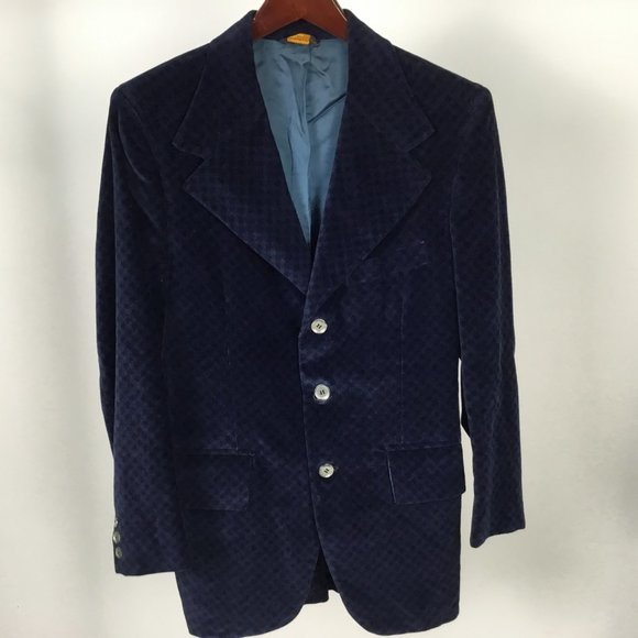 MENS BLUE & BLACK CHECK VELVET SPORTS JACKET - Picture 3 of 4
